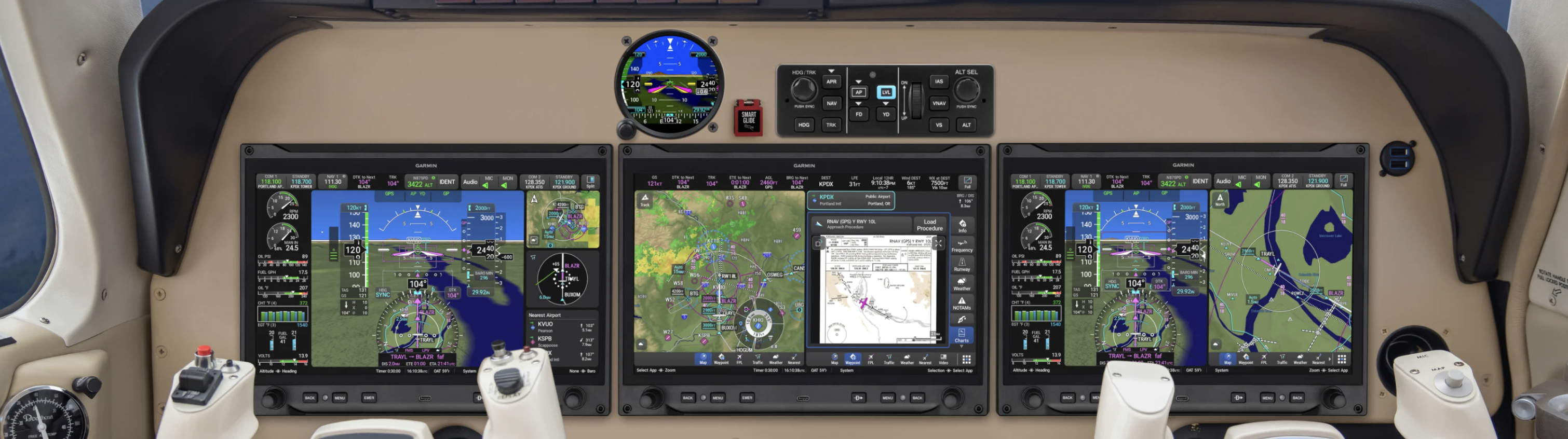 Garmin AXIS Flight Display System with three touchscreen displays installed in a piston aircraft panel